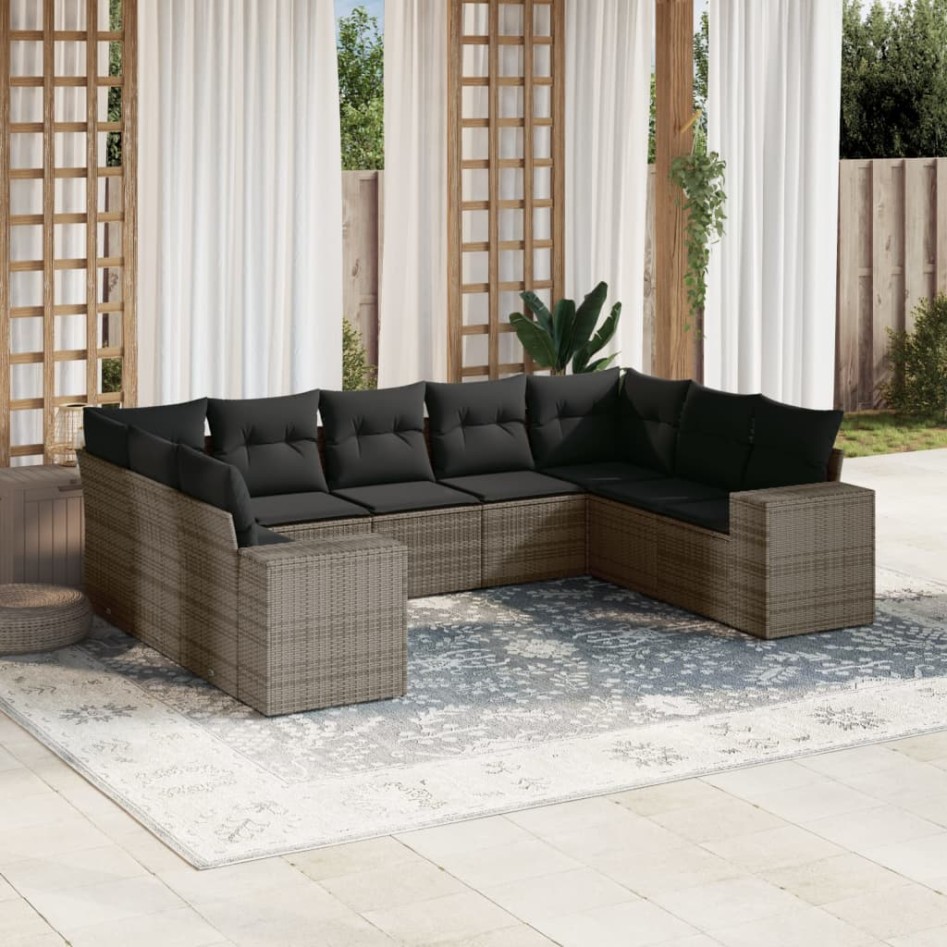 Set de muebles de jardín 9 pzas y cojines ratán sintético