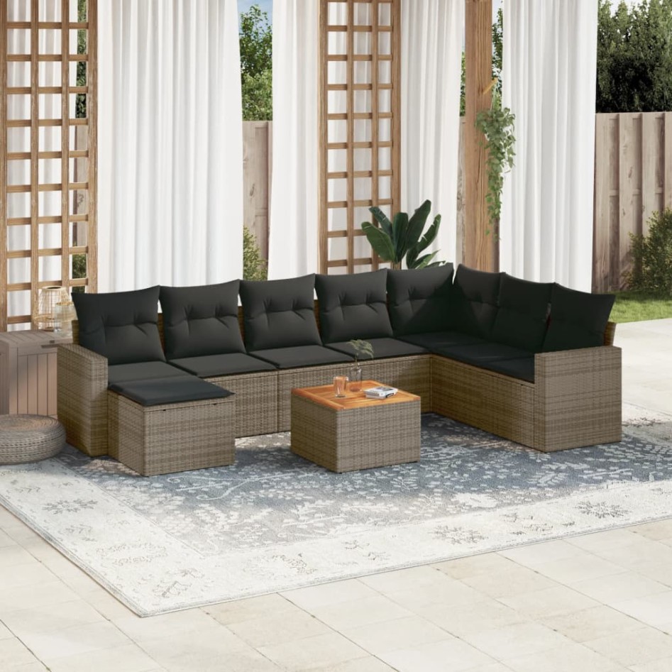 Set de muebles de jardín 9 pzas y cojines ratán sintético
