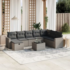 Set de muebles de jardín 9 pzas y cojines ratán sintético