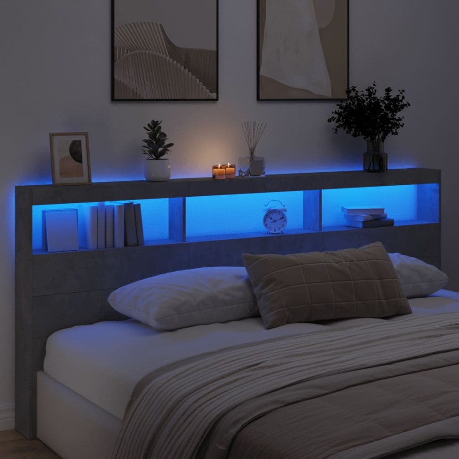 Cabecero de cama con luz LED gris hormigón 220x17x102