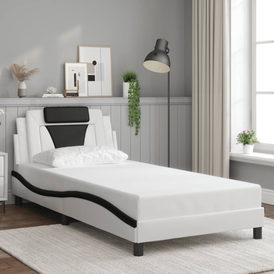 Estructura de cama con cabecero cuero sintético blanco y
