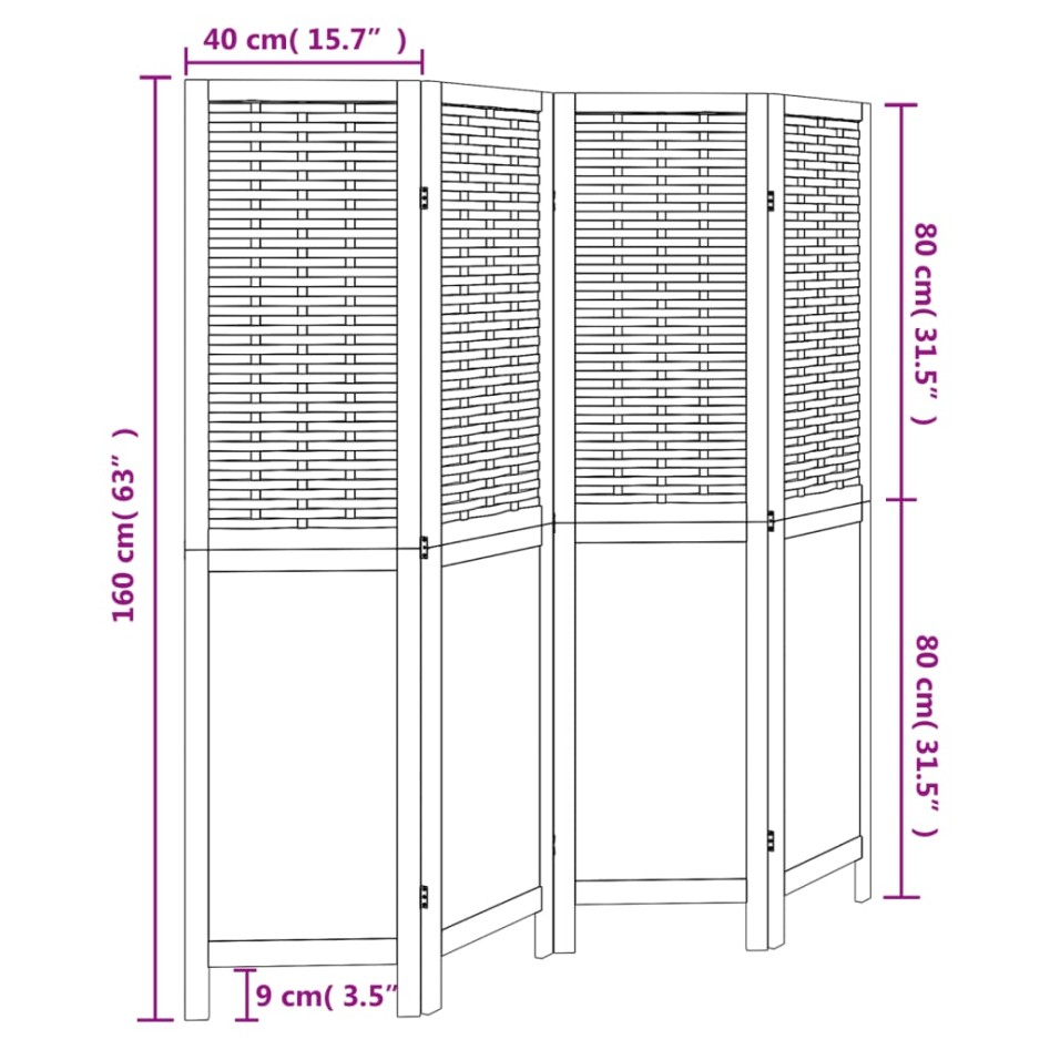 Biombo separador de 4 paneles madera maciza Paulownia