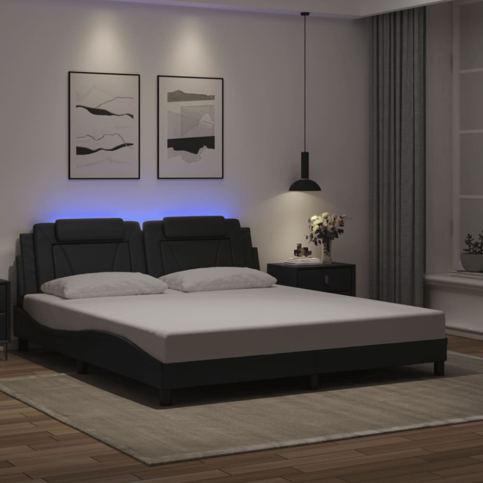 Estructura cama LED sin colchón cuero sintético negro