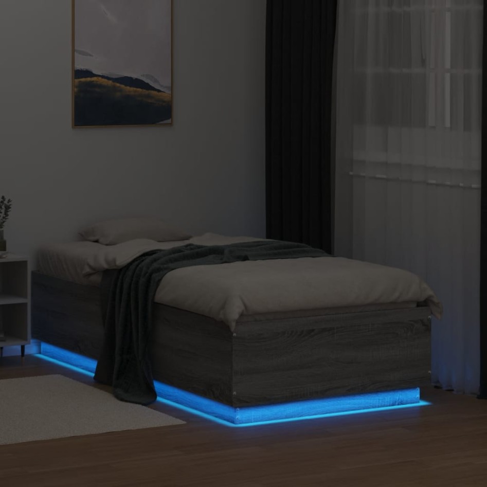 Estructura cama con luces LED madera gris Sonoma 90x190