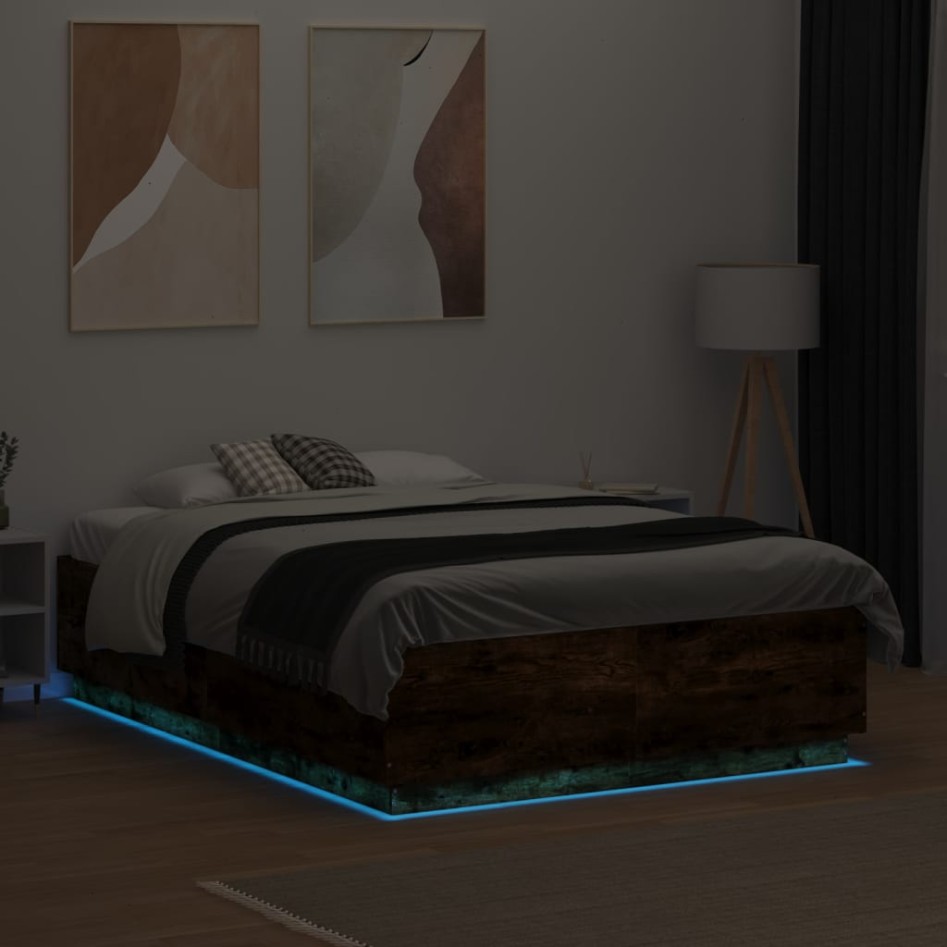 Estructura cama con luces LED madera roble ahumado 135x190