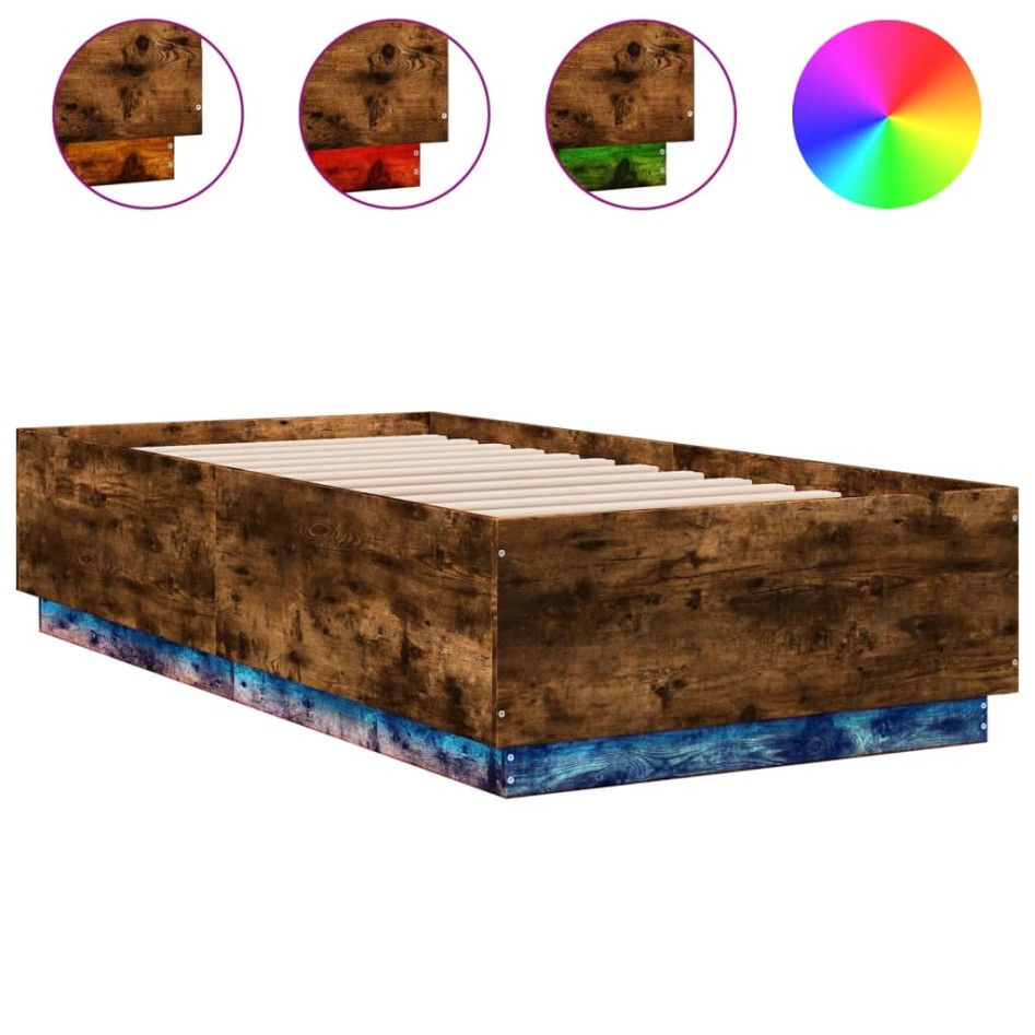 Estructura cama con luces LED madera roble ahumado 75x190