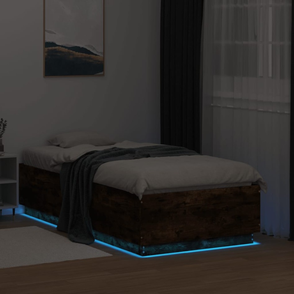 Estructura cama con luces LED madera roble ahumado 75x190