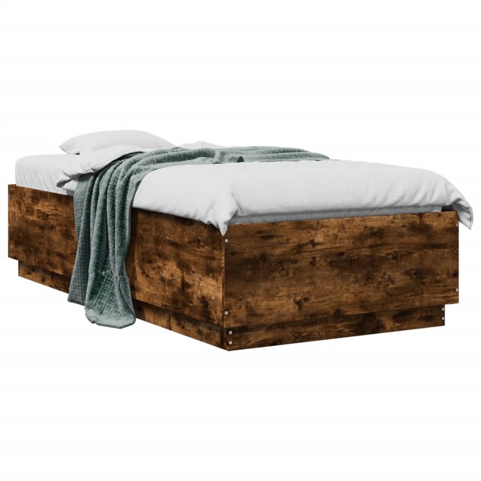Estructura cama con luces LED madera roble ahumado 75x190