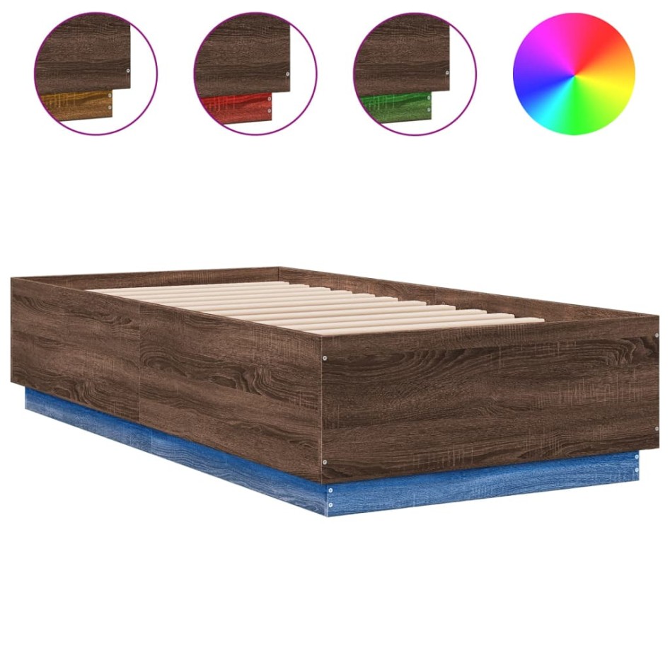 Estructura cama con luces LED madera marrón roble 75x190