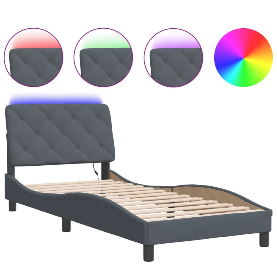 Estructura cama con luces LED terciopelo gris oscuro 90x190