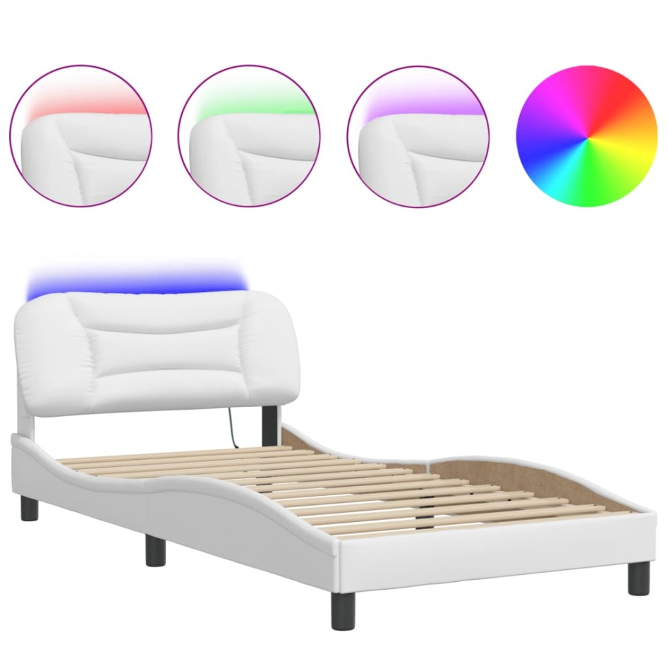 Estructura cama con luces LED cuero sintético blanco 100x200