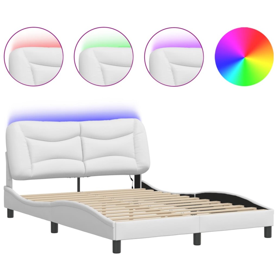 Estructura cama con luces LED cuero sintético blanco 140x190