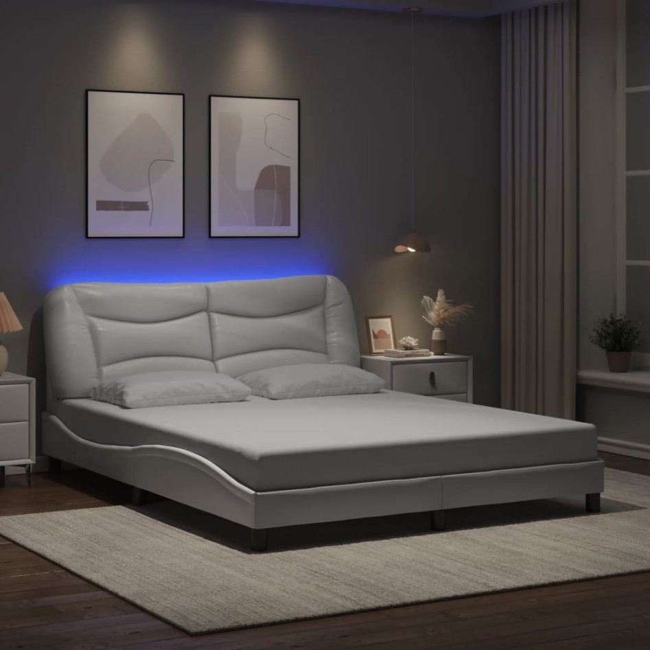 Estructura de cama con luces LED cuero PE blanco 160x200
