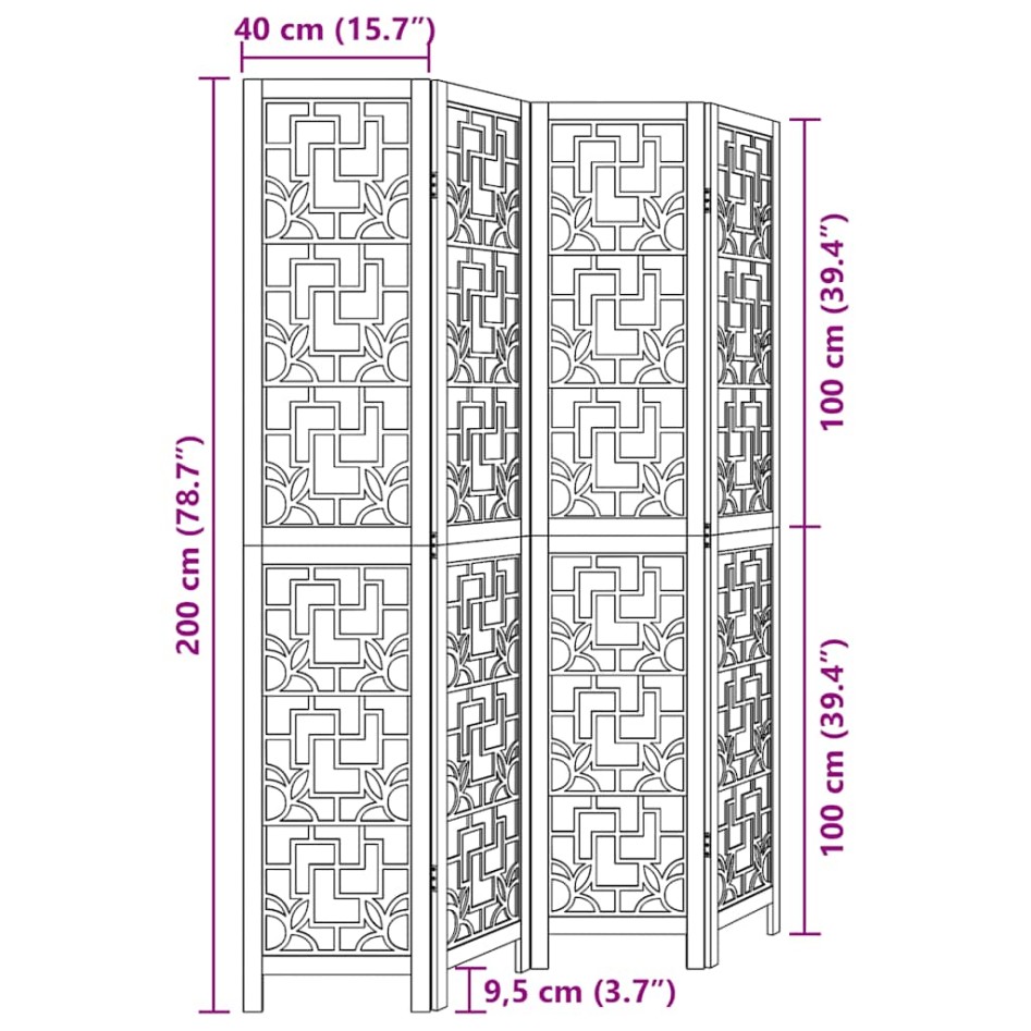 Biombo separador de 4 paneles madera maciza paulownia