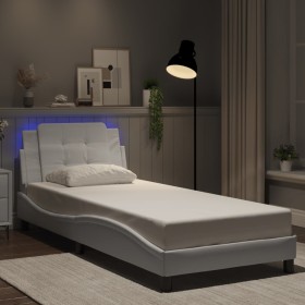 Estructura cama con luces LED cuero sintético blanco 90x200