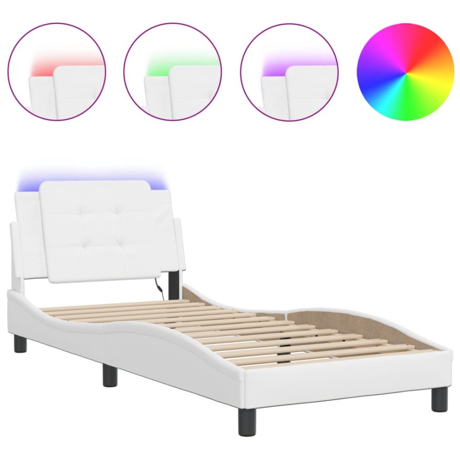 Estructura cama con luces LED cuero sintético blanco 90x200
