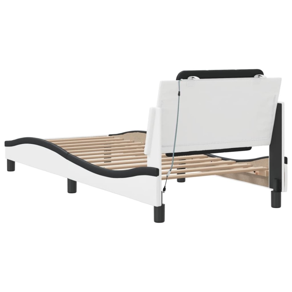 Estructura cama con LED cuero sintético blanco negro 90x200