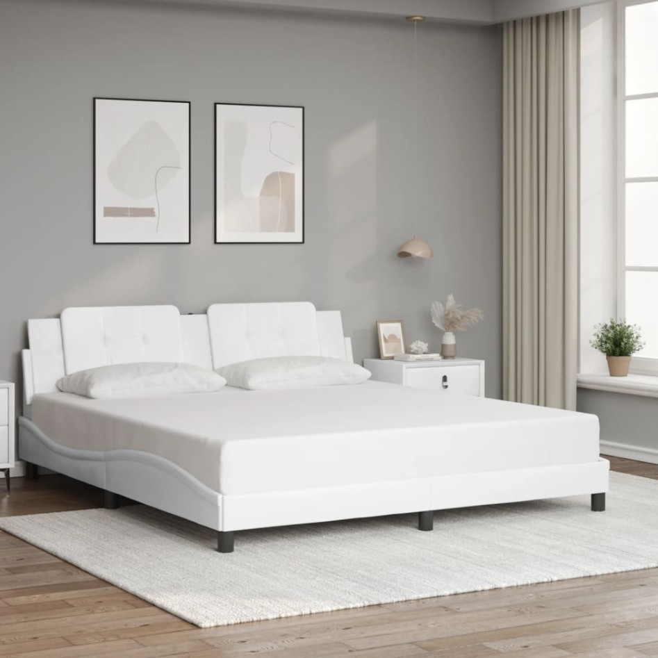 Estructura de cama sin colchón cuero sintético blanco