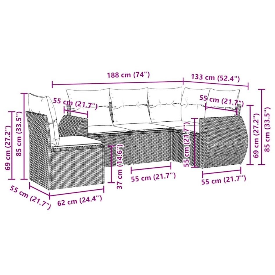 Set de sofás jardín y cojines 5 pzas ratán sintético gris