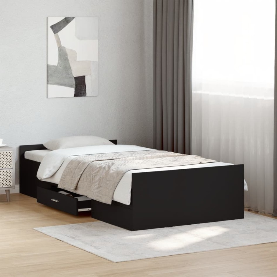 Cama con cajones madera de ingeniería negra 75x190