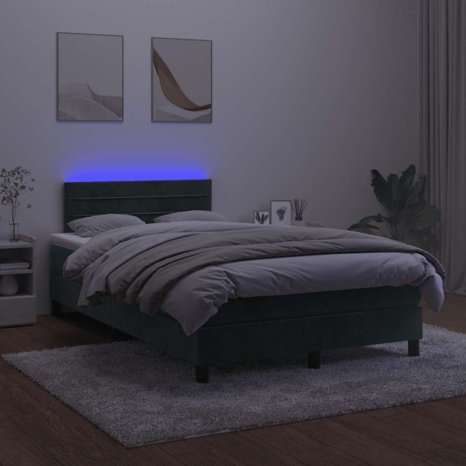 Cama box spring colchón y LED terciopelo verde oscuro