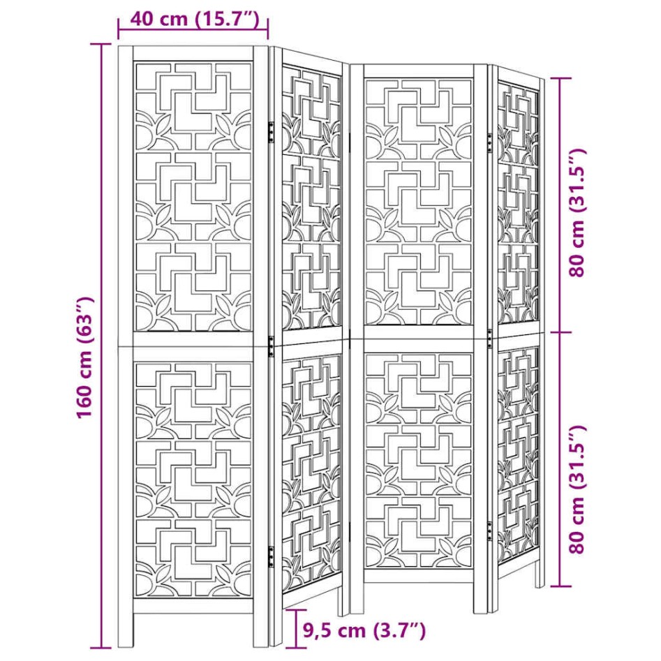 Biombo separador de 4 paneles madera maciza paulownia