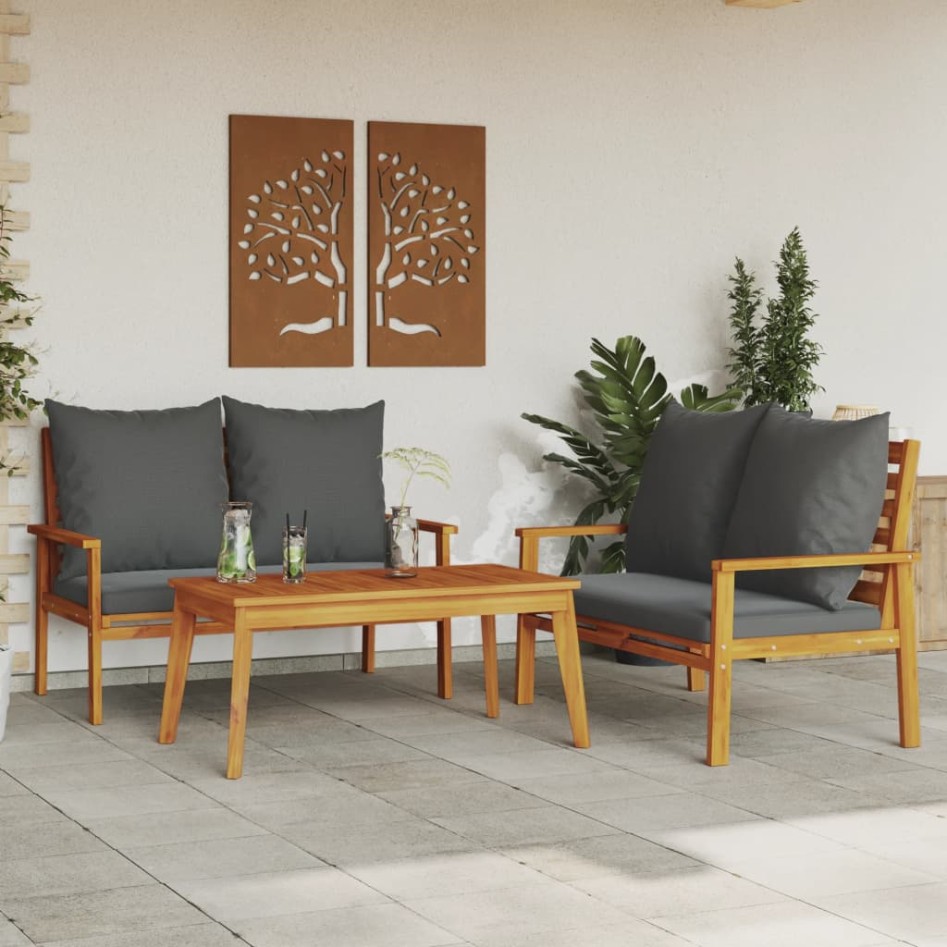 Set de muebles para jardín 3 piezas con cojines madera