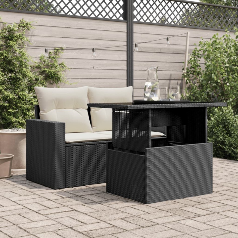 Mesa de jardín superficie de vidrio ratán PE negro 100x55x73