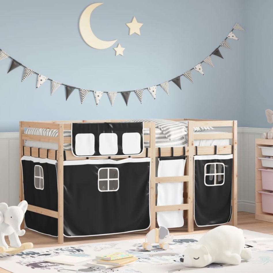 Cama alta niños con cortinas madera pino blanco negro 90x200
