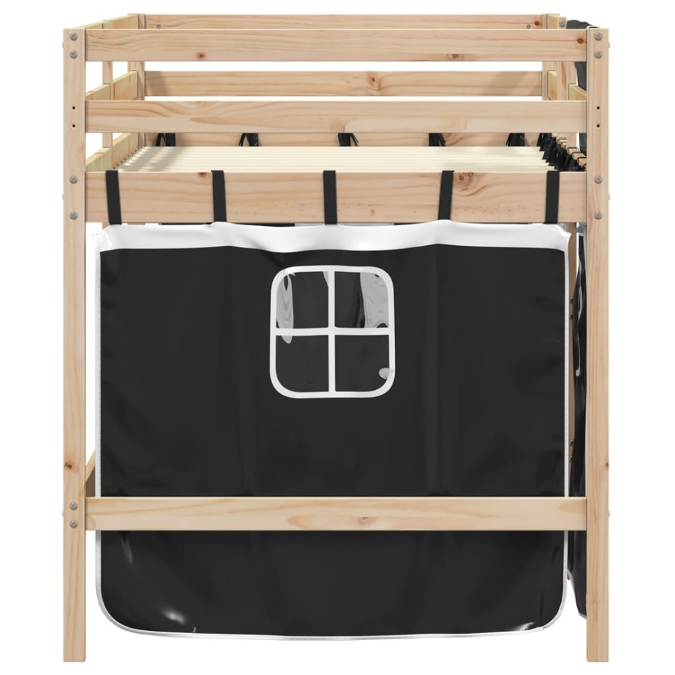 Cama alta niños con cortinas madera pino blanco negro 90x200