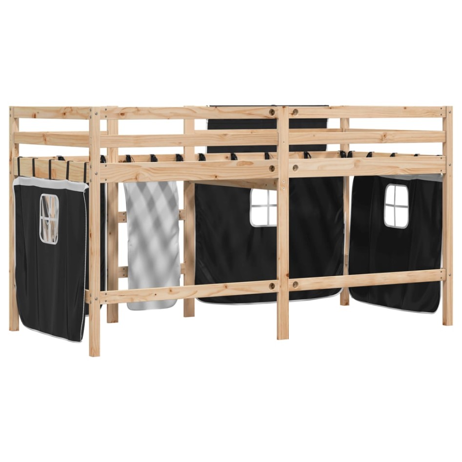 Cama alta niños con cortinas madera pino blanco negro 90x200