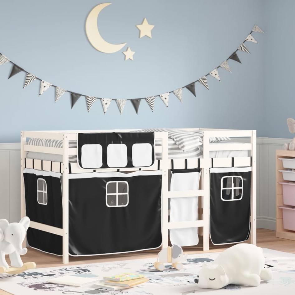 Cama alta niños con cortinas madera pino blanco negro 90x200