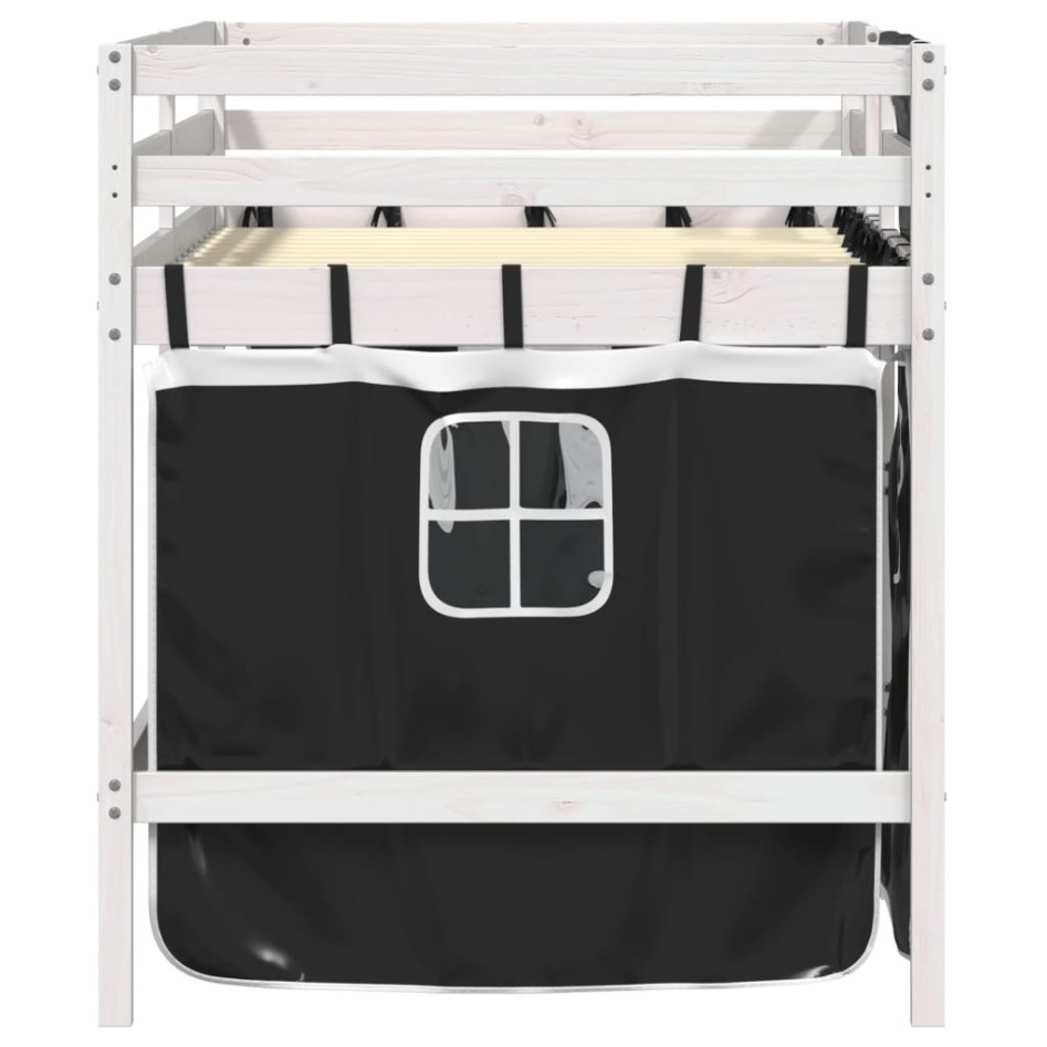 Cama alta niños con cortinas madera pino blanco negro 90x200