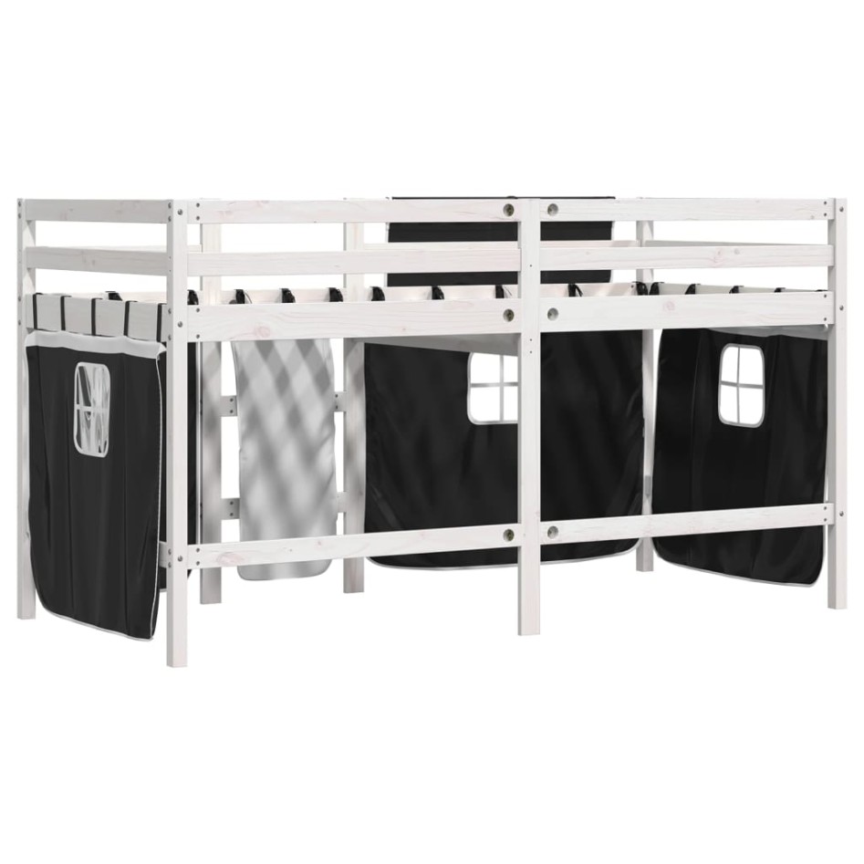 Cama alta niños con cortinas madera pino blanco negro 90x200