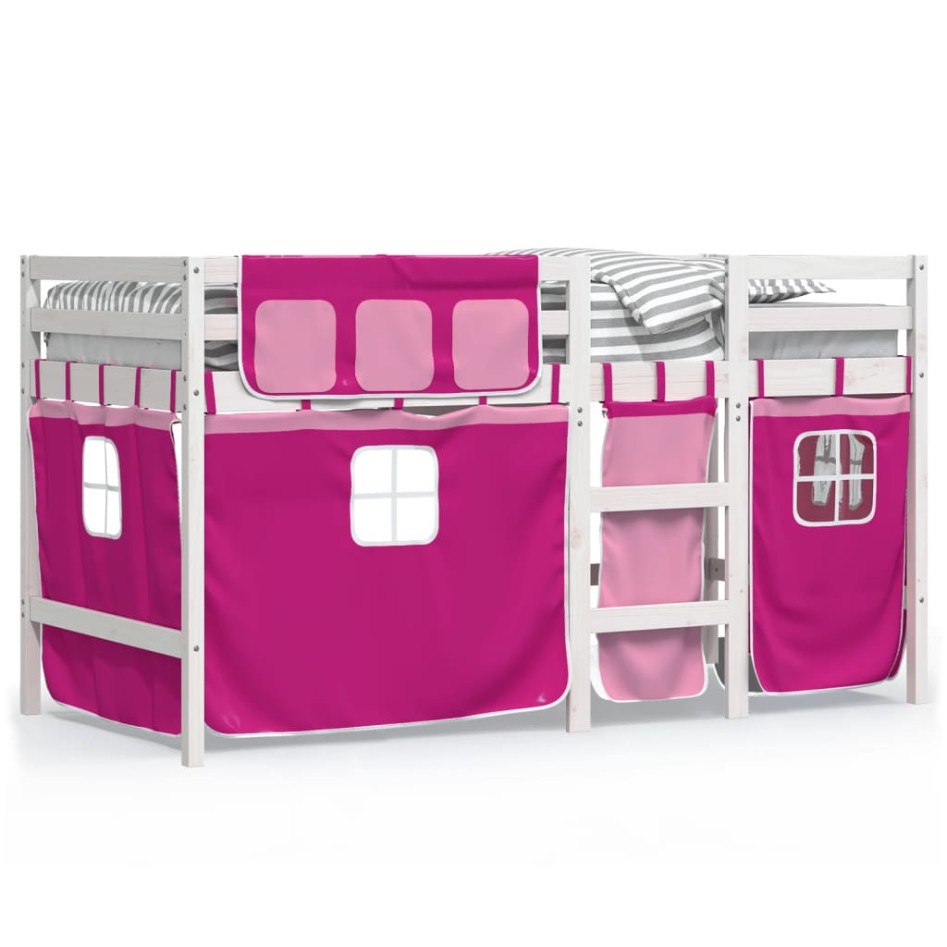 Cama alta para niños con cortinas madera pino rosa 90x200