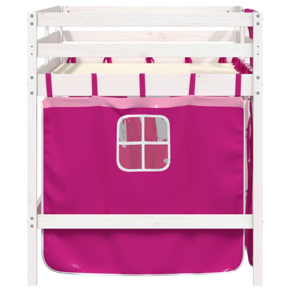 Cama alta para niños con cortinas madera pino rosa 90x200