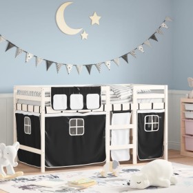 Cama alta niños con cortinas madera pino blanco negro 90x190