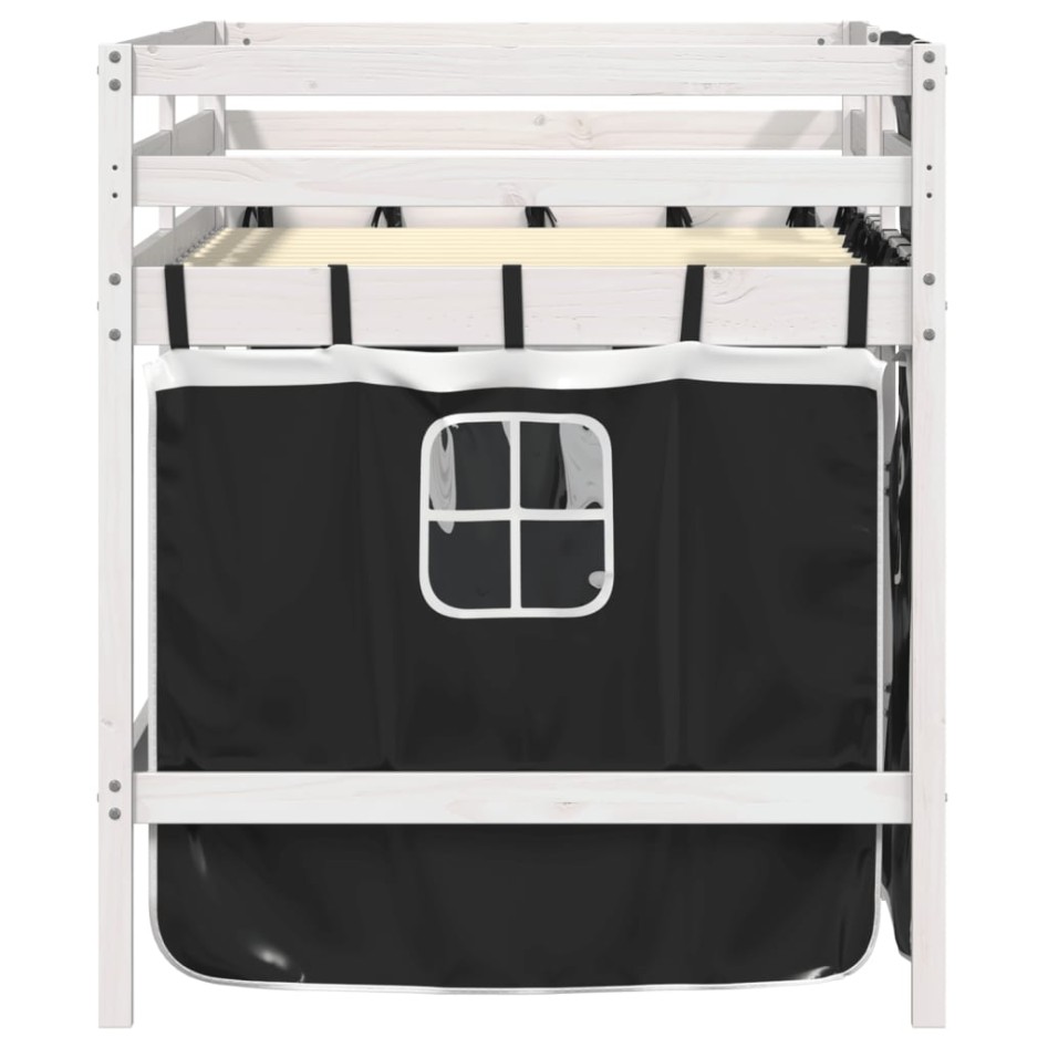 Cama alta niños con cortinas madera pino blanco negro 90x190