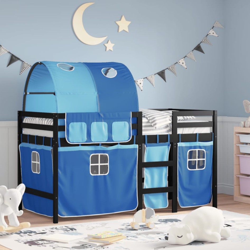 Cama alta para niños con túnel madera pino azul 90x190