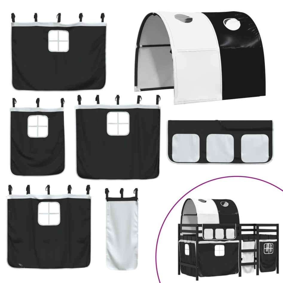 Cama alta niños con túnel madera pino blanco negro 80x200