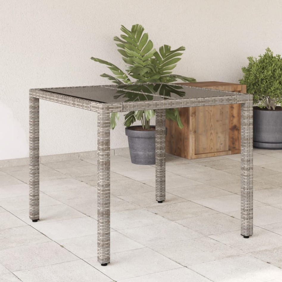 Mesa de jardín superficie de vidrio ratán PE gris 90x90x75