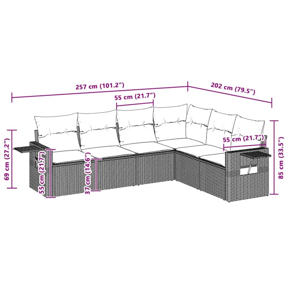 Set de sofás de jardín 6 pzas y cojines ratán sintético
