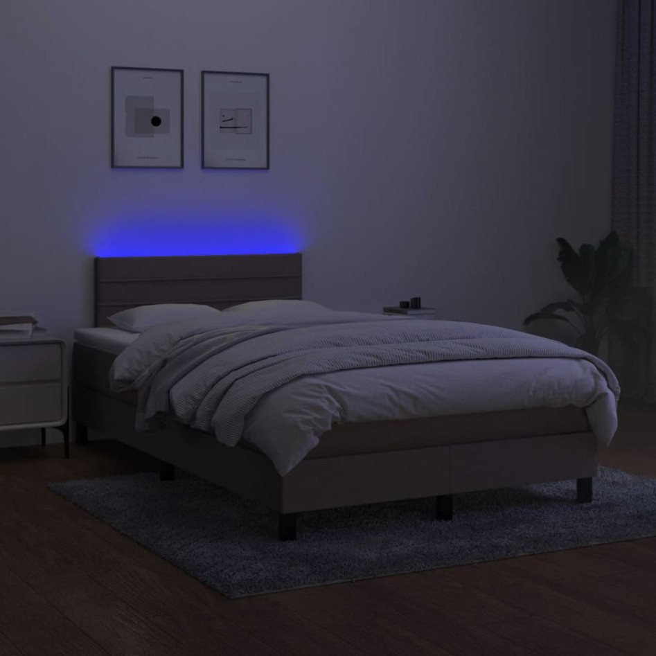Cama box spring con colchón y LED tela gris taupe 120x190