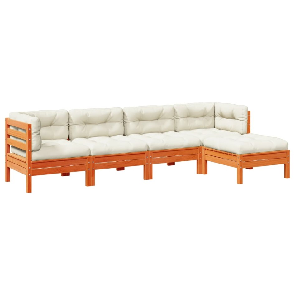 Set de sofás jardín 5 pzas con cojines madera pino marrón