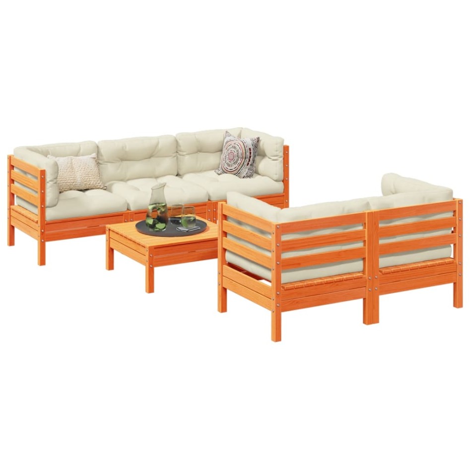 Set de sofás jardín 6 pzas con cojines madera pino marrón