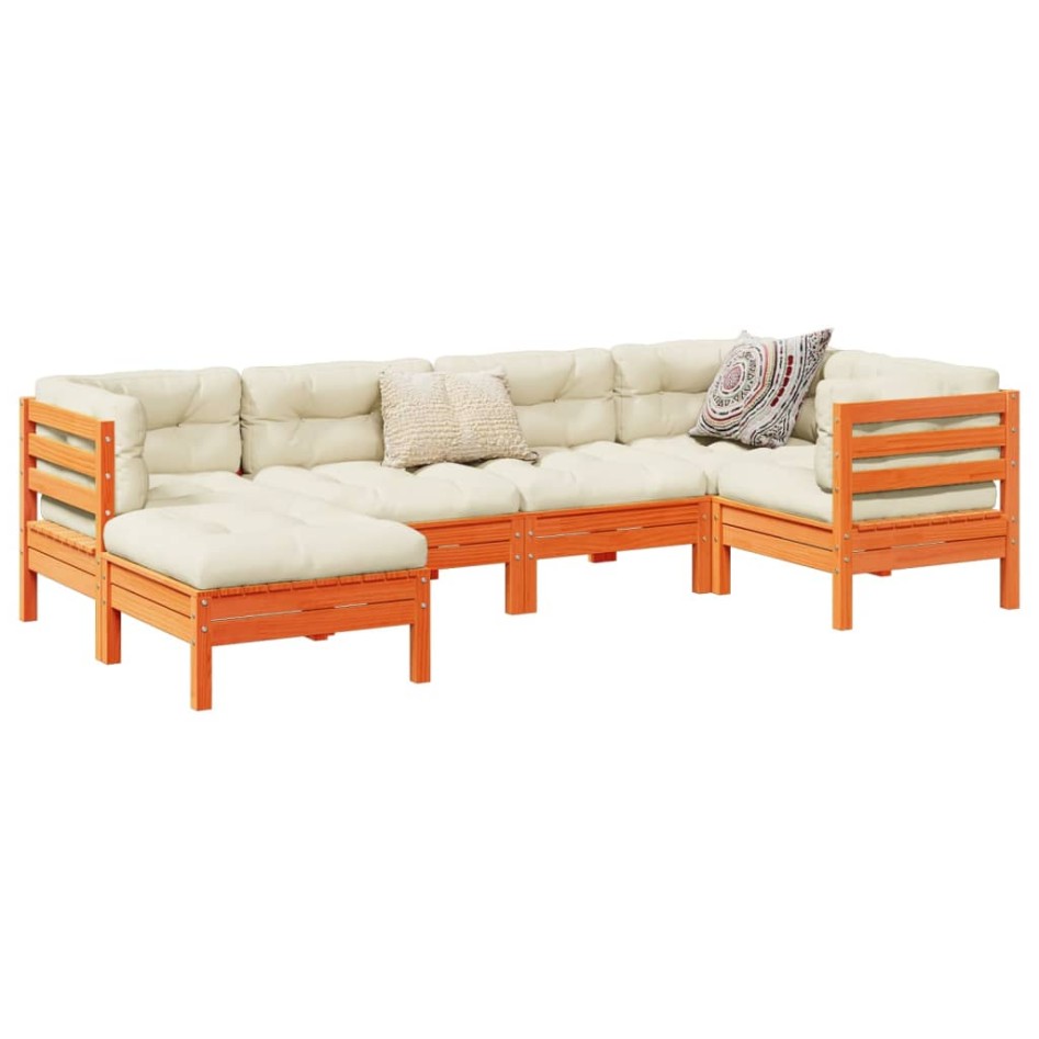 Set de sofás jardín 6 pzas con cojines madera pino marrón