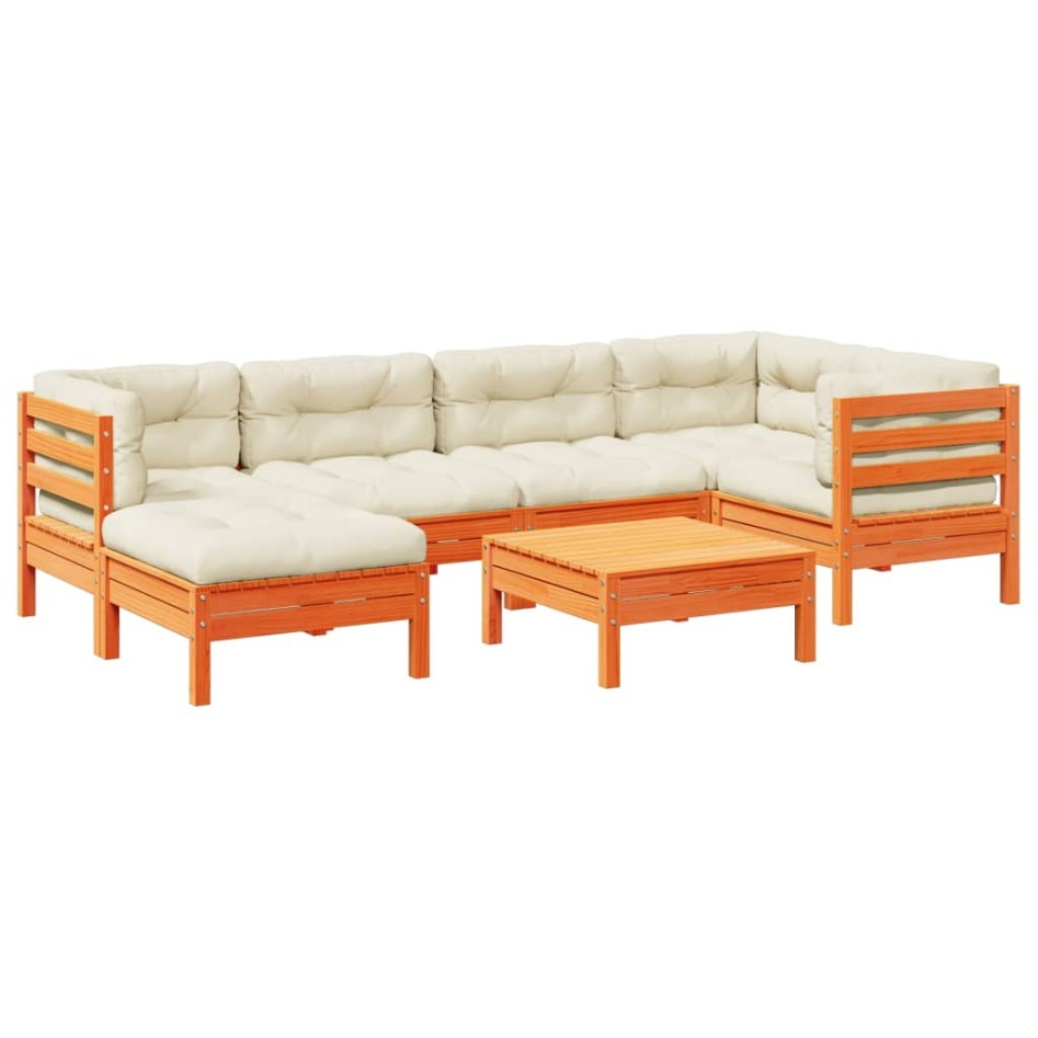 Set de sofás jardín 7 pzas con cojines madera pino marrón