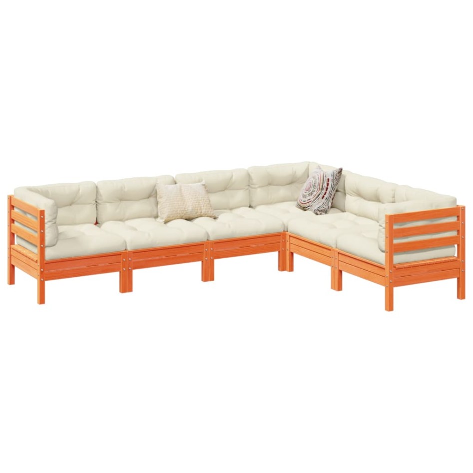 Set de sofás jardín 6 pzas con cojines madera pino marrón