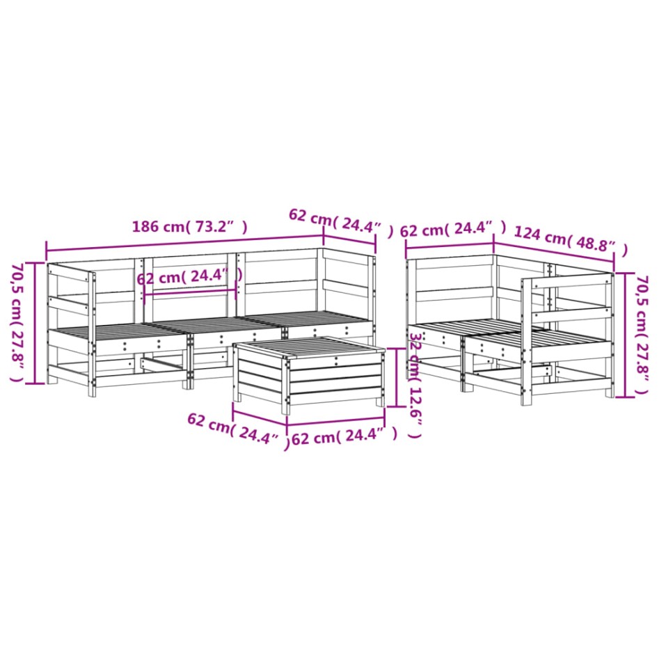 Juego de sofás de jardín 6 piezas madera maciza de