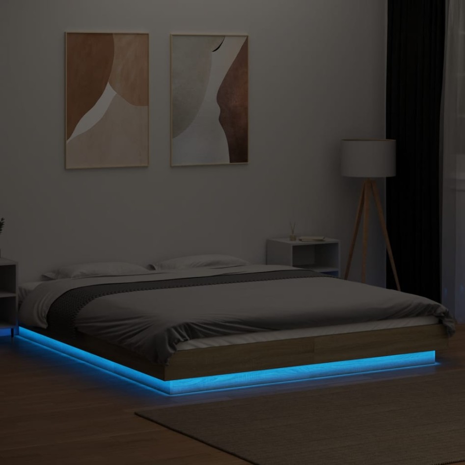 Estructura cama con luces LED madera roble Sonoma 160x200